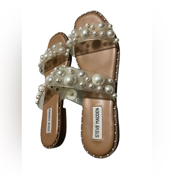Size 9 Steve Madden Pearl-Embellished Clear Strap Slide Sandals - Nude/Tan - Picture 3 of 8
